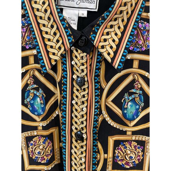 VTG Diane Gilman Size 1X Button Up Silk Blouse in Geometric print design - Picture 3 of 10
